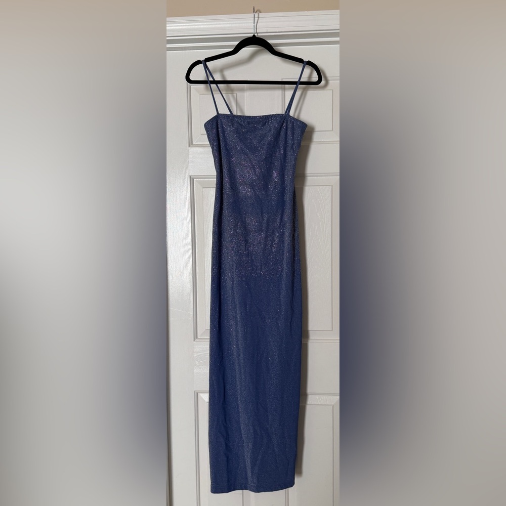 My Michelle Y2K Blue Glitter Maxi Dress Slim Bodycon Spaghetti Strap Gown M